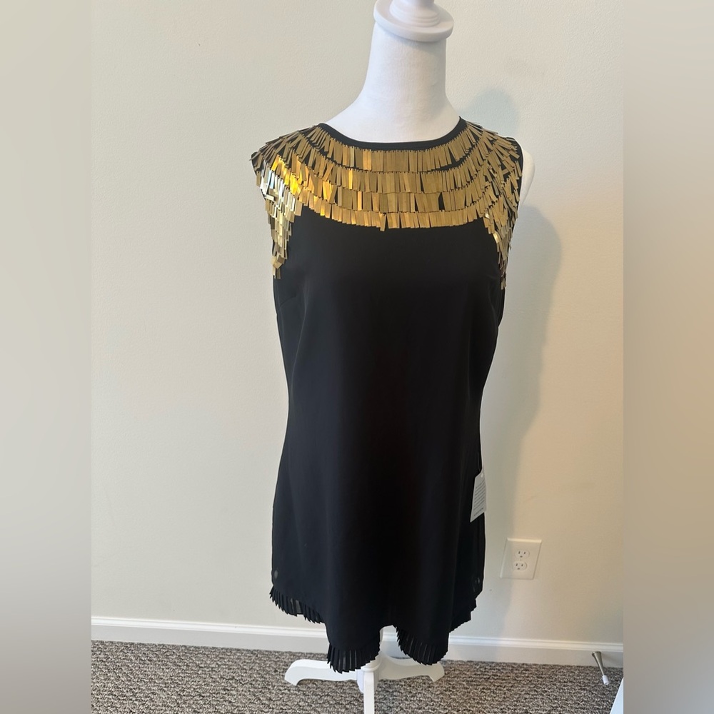 Ted Baker Metallic Gold Fringe Black Dress Size 4